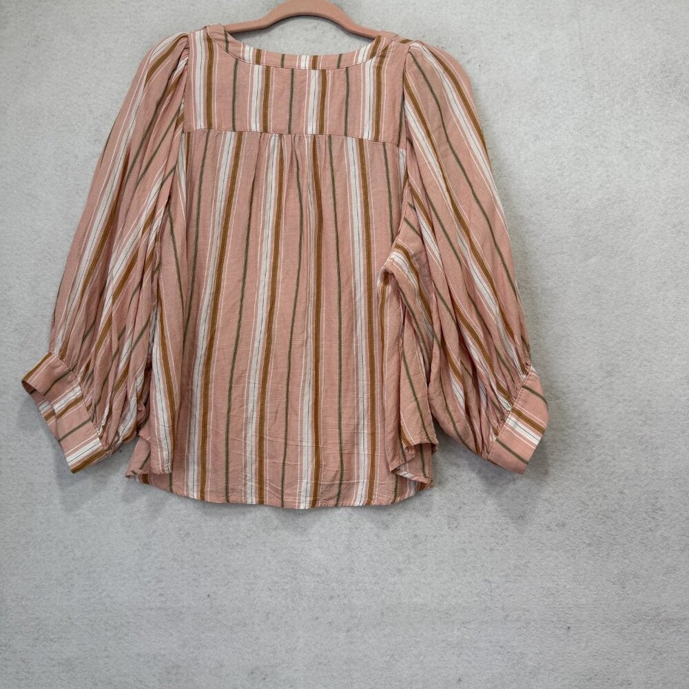 Maeve Blouse Womens Large Pink Stripe V Neck 3/4 Balloon Sleeve Tunic Top Boho - Picture 5 of 11